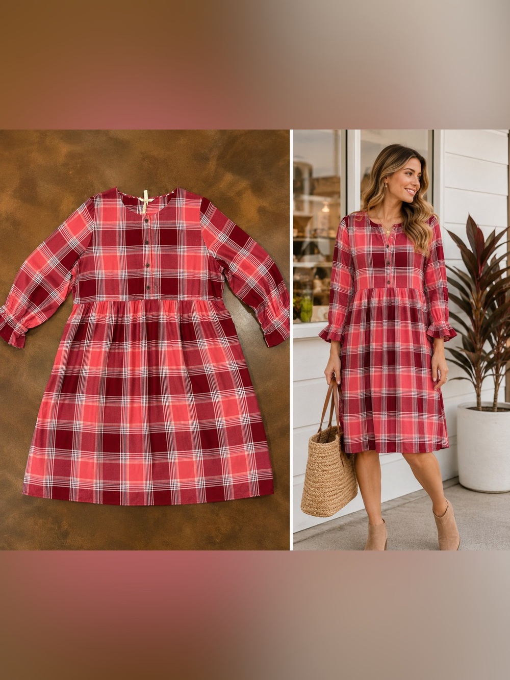 MATILDA JANE - Pink & Burgundy flannel  Plaid Shirt Dress NWT